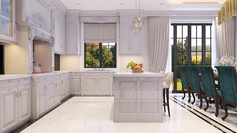 Thiết kế tủ bếp gỗ tự nhiên nhập khẩu cao cấp ấn tượng, các chi tiết chạm khắc tỉ mỉ, tinh tế mang lại không gian sang trọng Tủ bếp gỗ, tủ bếp gỗ tự nhiên, tủ bếp tân cổ điển