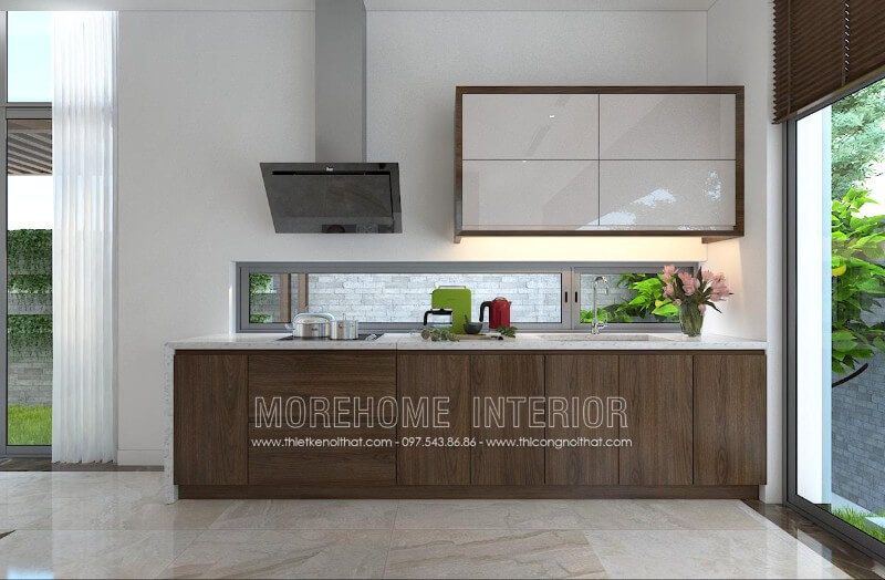 Tủ bếp hiện đại với sự kết hợp hài hòa giữa 2 tone màu trắng và nâu óc chó chủ đạo mang lại không gian nội trợ sang trọng và cuốn hút Tủ bếp gỗ, tủ bếp gỗ tự nhiên, tủ bếp tân cổ điển