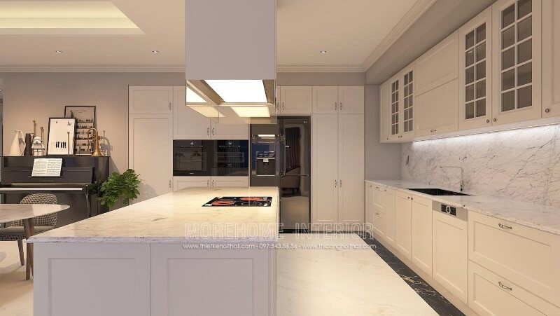 Hệ thống tủ bếp, đảo bếp được thiết kế bằng chất liệu gỗ acrylic, loại gỗ được sử dụng thông dụng hiện nay