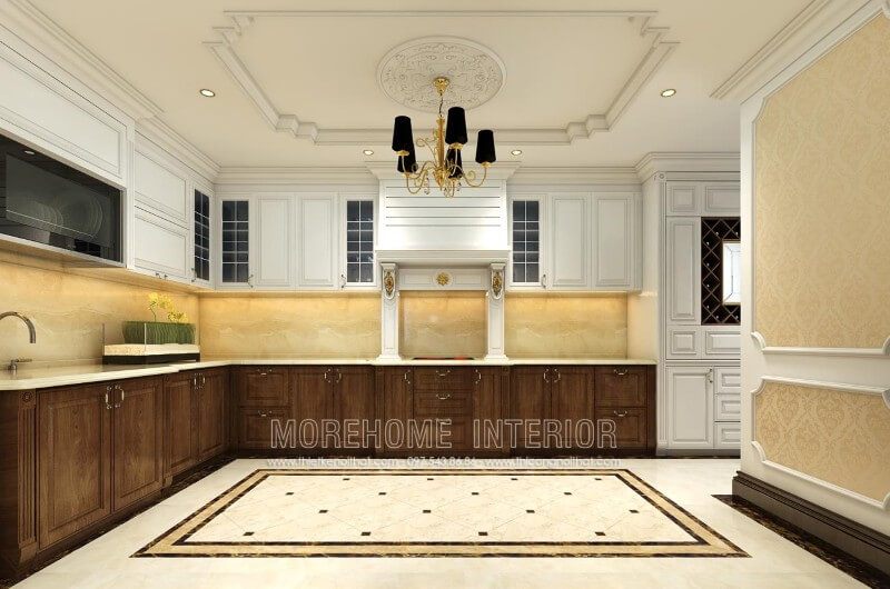 Mẫu thiết kế tủ bếp tân cổ điển được làm từ gỗ óc chó nhập khẩu cao cấp có những đường nét chạm khắc nhẹ nhàng, mang đến sự sang trọng mà không làm rối mắt người nhìn.
