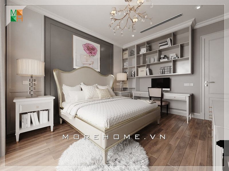 Phong cách tân đổ điển được áp dụng trong mẫu phòng ngủ, thiết kế chủ đạo là màu trắng nâu. Tone màu trung tính giúp tạo ra cảm giác dễ chịu và thoải mái cho gia chủ.